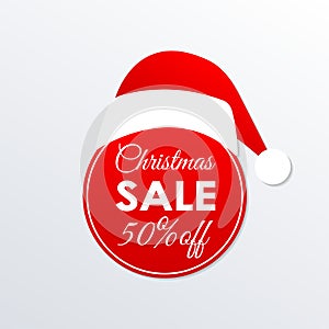 Christmas sale icon. 50% price off badge. Xmas and holiday discount design element with Santa Claus hat. Shopping decoration